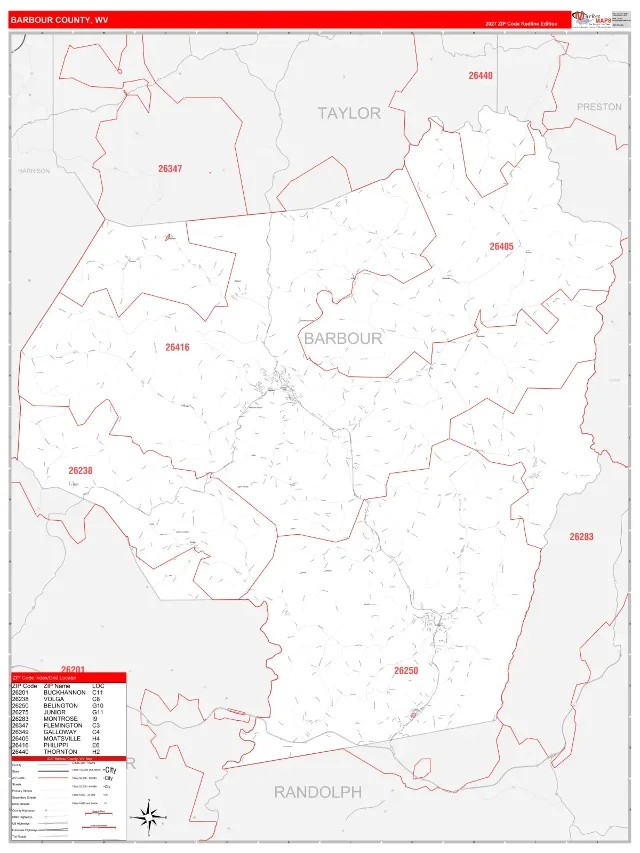 Barbour County, WV ZIP Code Wall Map, RedLine style