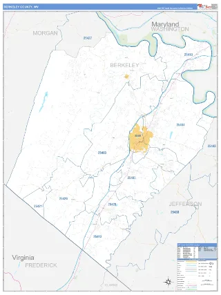 Berkeley County, WV Business Reference style ZIP Code wall map