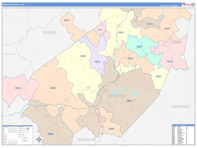 Braxton County, WV ZIP Code Wall Map, ColorCast style