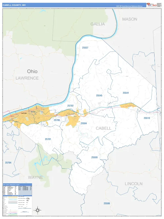 Cabell County, WV ZIP Code Wall Map, Business Reference style