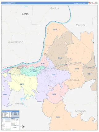 Cabell County, WV ColorCast style ZIP Code wall map