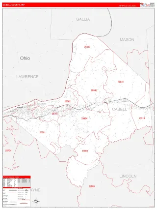Cabell County, WV RedLine style ZIP Code wall map