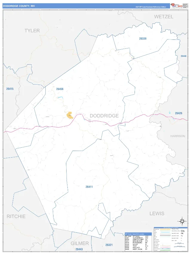 Doddridge County, WV ZIP Code Wall Map, Business Reference style