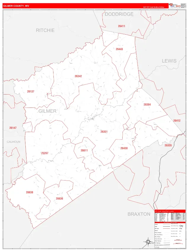 Gilmer County, WV ZIP Code Wall Map, RedLine style