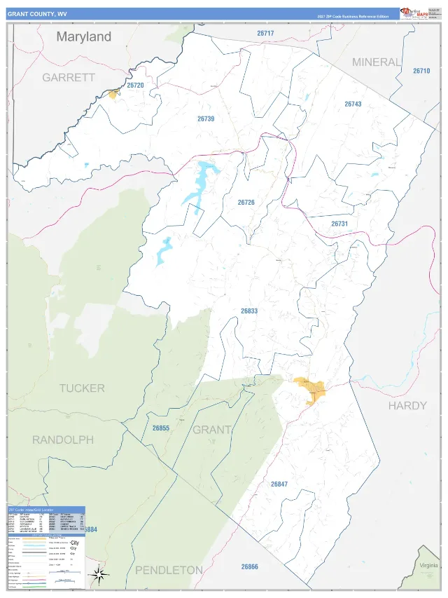 Grant County, WV ZIP Code Wall Map, Business Reference style