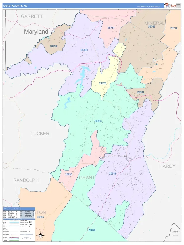 Grant County, WV ZIP Code Wall Map, ColorCast style
