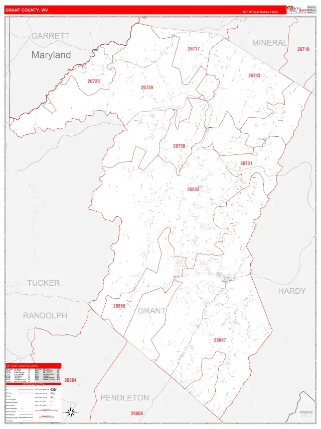 Grant County, WV ZIP Code Wall Map, RedLine style
