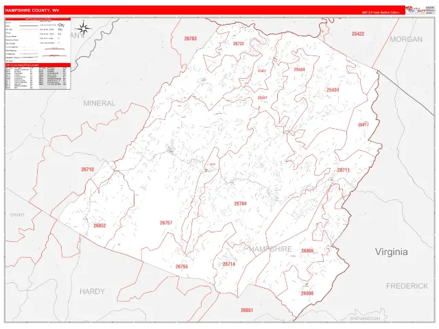 Hampshire County, WV ZIP Code Wall Map, RedLine style