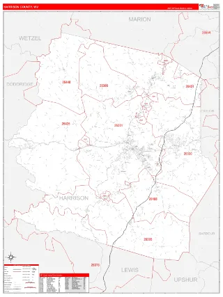 Harrison County, WV RedLine style ZIP Code wall map