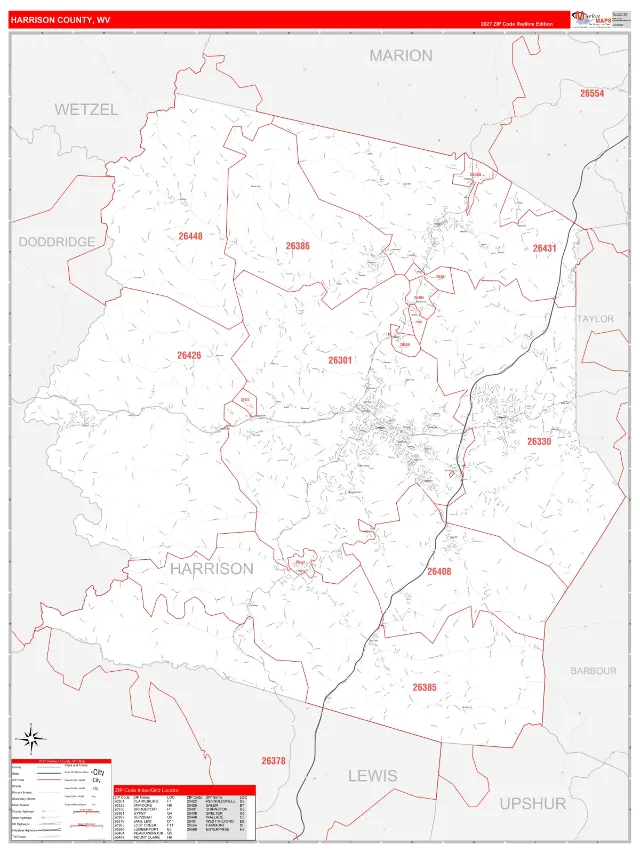 Harrison County, WV ZIP Code Wall Map, RedLine style