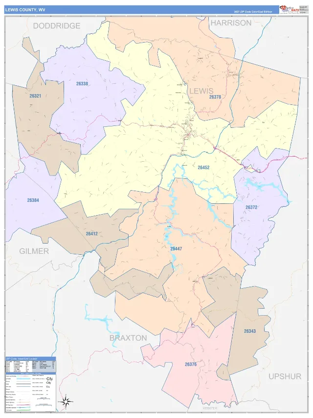 Lewis County, WV ZIP Code Wall Map, ColorCast style