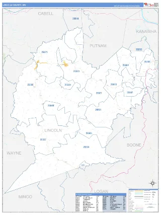 Lincoln County, WV Business Reference style ZIP Code wall map