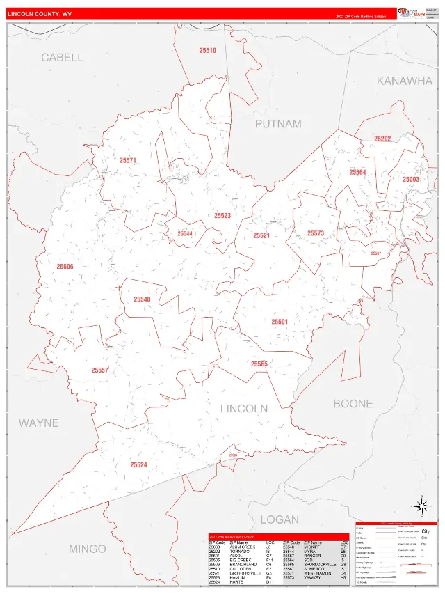 Lincoln County, WV ZIP Code Wall Map, RedLine style