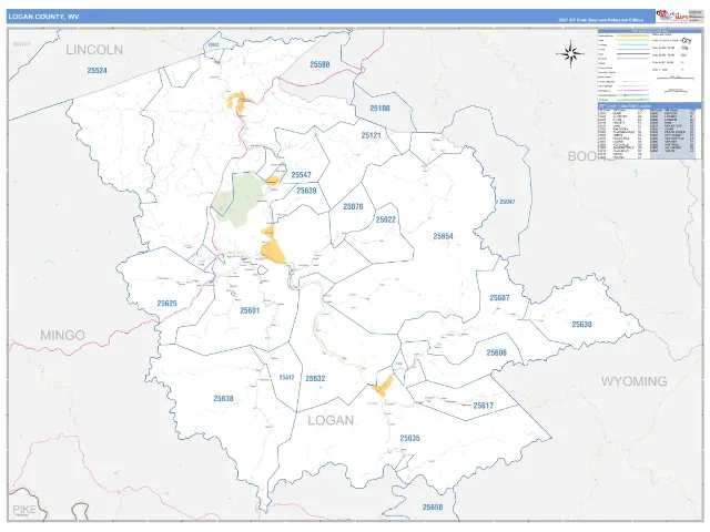 Logan County, WV ZIP Code Wall Map, Business Reference style