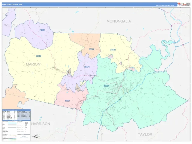Marion County, WV ZIP Code Wall Map, ColorCast style