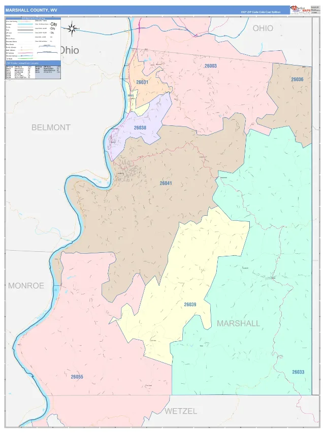 Marshall County, WV ZIP Code Wall Map, ColorCast style