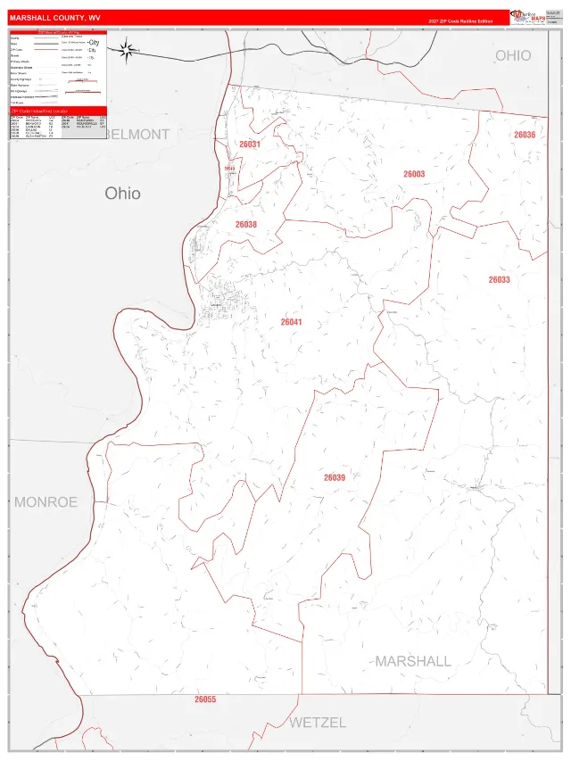 Marshall County, WV ZIP Code Wall Map, RedLine style