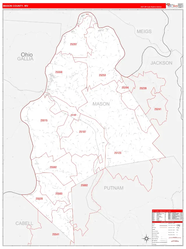 Mason County, WV ZIP Code Wall Map, RedLine style