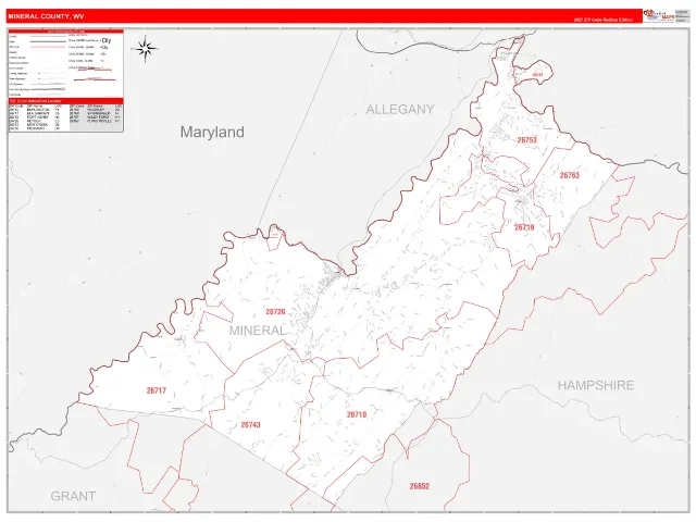 Mineral County, WV ZIP Code Wall Map, RedLine style