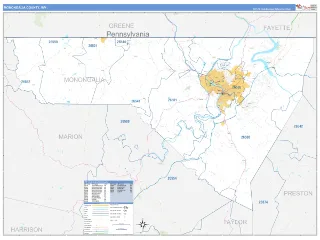 Monongalia County, WV Business Reference style ZIP Code wall map