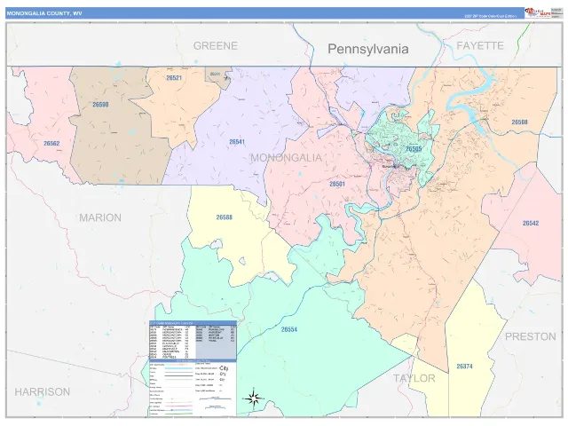 Monongalia County, WV ZIP Code Wall Map, ColorCast style