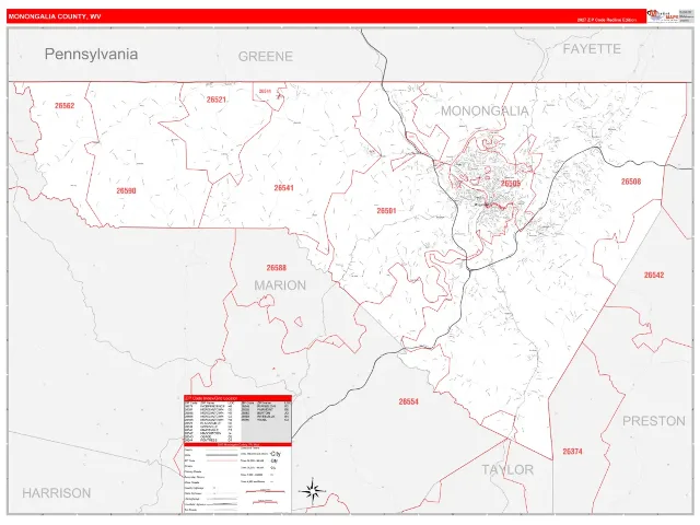 Monongalia County, WV ZIP Code Wall Map, RedLine style