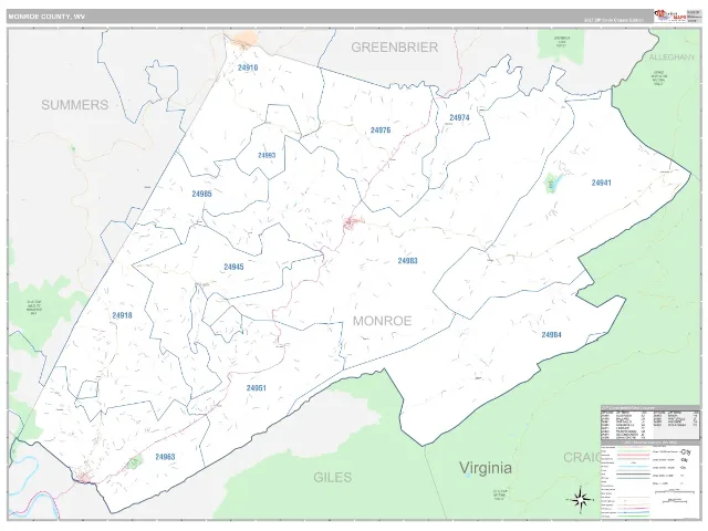 Monroe County, WV ZIP Code Wall Map, Classic style