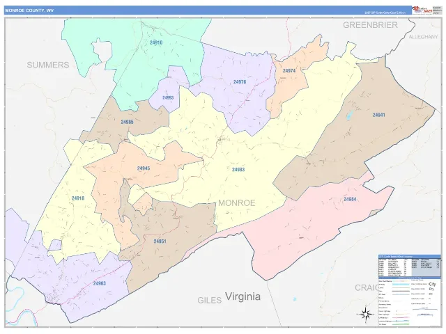 Monroe County, WV ZIP Code Wall Map, ColorCast style