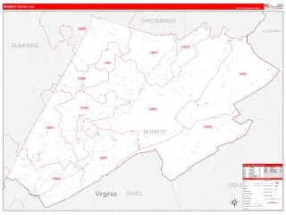 Monroe County, WV RedLine style ZIP Code wall map