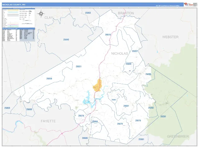 Nicholas County, WV ZIP Code Wall Map, Business Reference style
