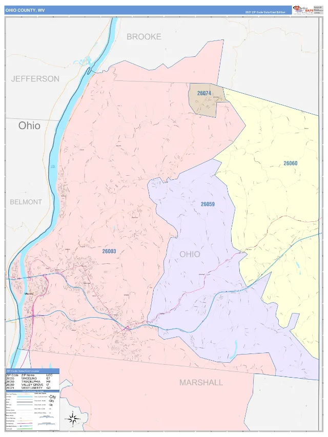 Ohio County, WV ZIP Code Wall Map, ColorCast style