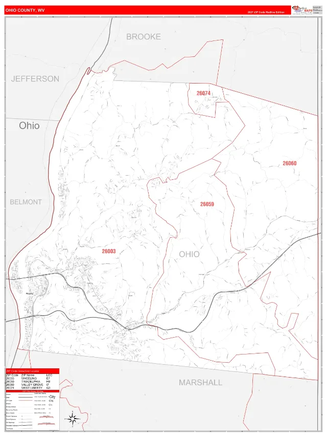 Ohio County, WV ZIP Code Wall Map, RedLine style