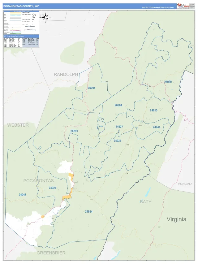 Pocahontas County, WV ZIP Code Wall Map, Business Reference style