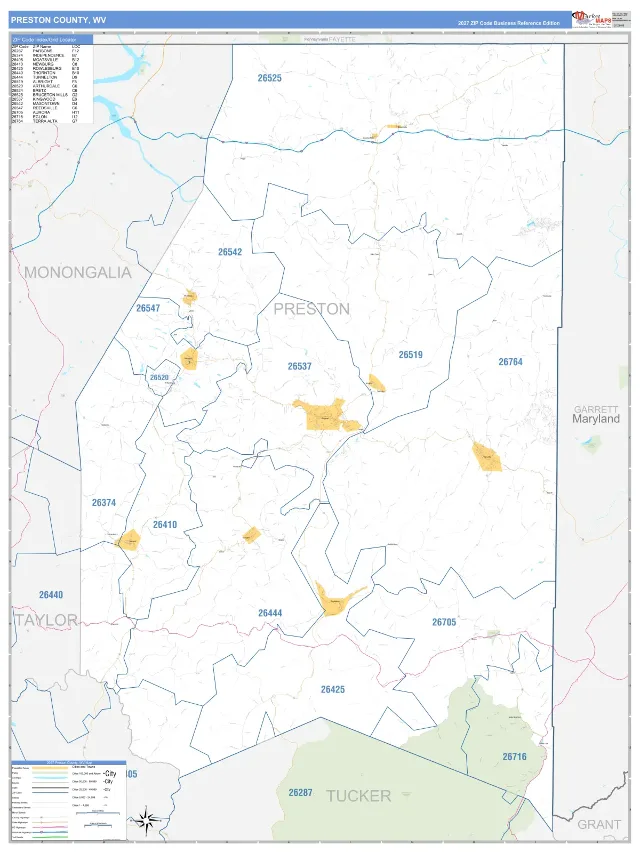 Preston County, WV ZIP Code Wall Map, Business Reference style