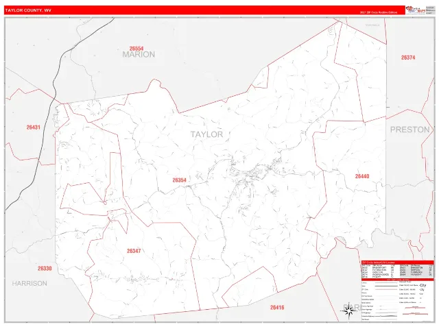 Taylor County, WV ZIP Code Wall Map, RedLine style