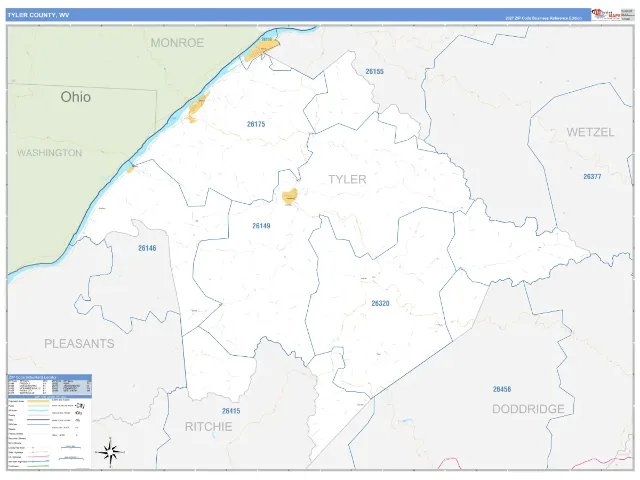 Tyler County, WV ZIP Code Wall Map, Business Reference style