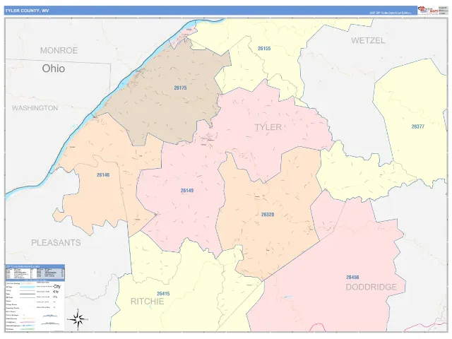 Tyler County, WV ZIP Code Wall Map, ColorCast style