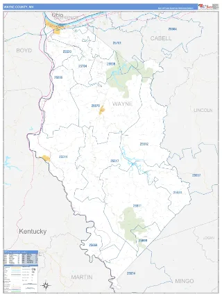 Wayne County, WV Business Reference style ZIP Code wall map