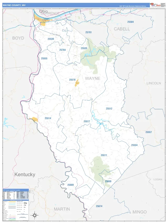 Wayne County, WV ZIP Code Wall Map, Business Reference style