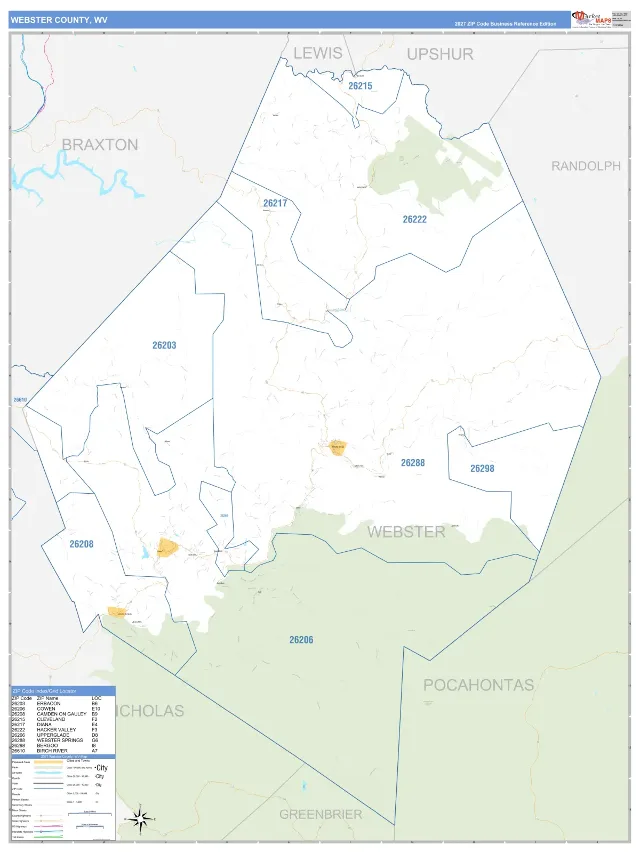 Webster County, WV ZIP Code Wall Map, Business Reference style