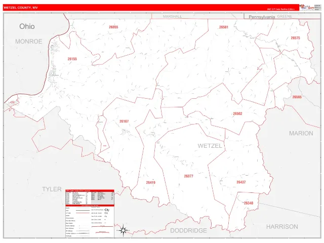 Wetzel County, WV ZIP Code Wall Map, RedLine style