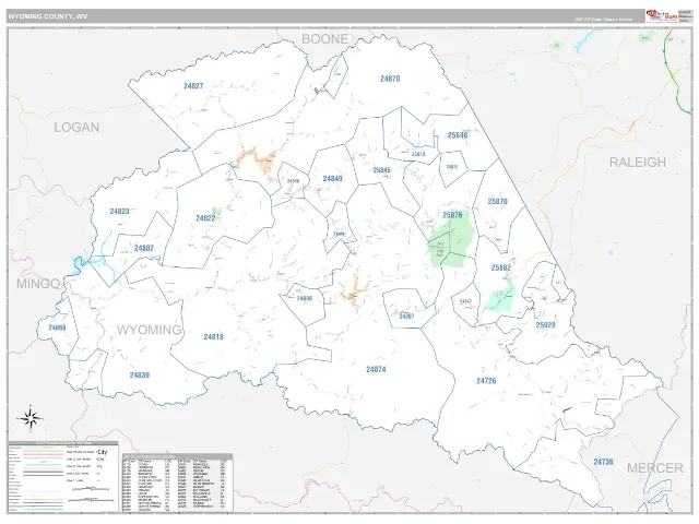 Wyoming County, WV ZIP Code Wall Map, Classic style