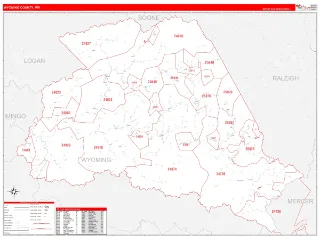 Wyoming County, WV RedLine style ZIP Code wall map