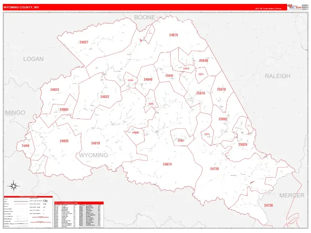 Wyoming County, WV ZIP Code Wall Map, RedLine style