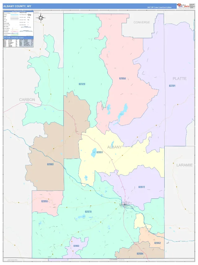 Albany County, WY ZIP Code Wall Map, ColorCast style
