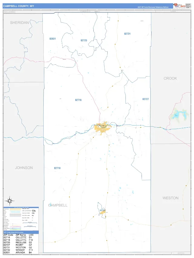 Campbell County, WY ZIP Code Wall Map, Business Reference style