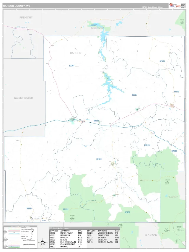 Carbon County, WY ZIP Code Wall Map, Classic style