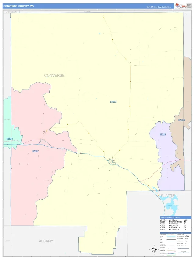 Converse County, WY ZIP Code Wall Map, ColorCast style