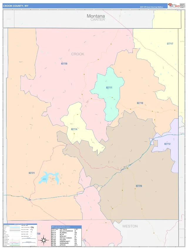 Crook County, WY ZIP Code Wall Map, ColorCast style