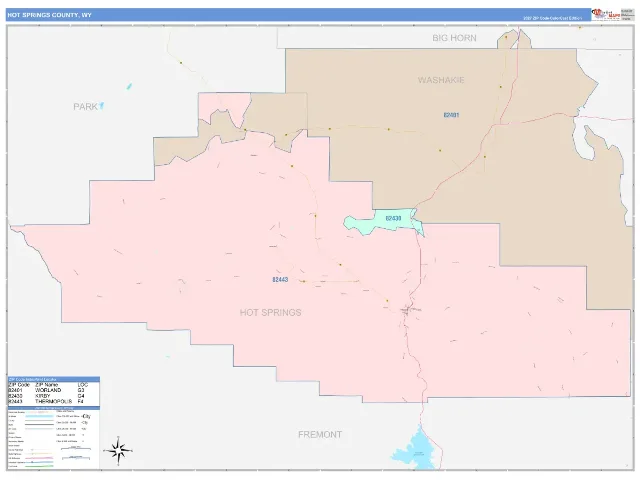 Hot Springs County, WY ZIP Code Wall Map, ColorCast style
